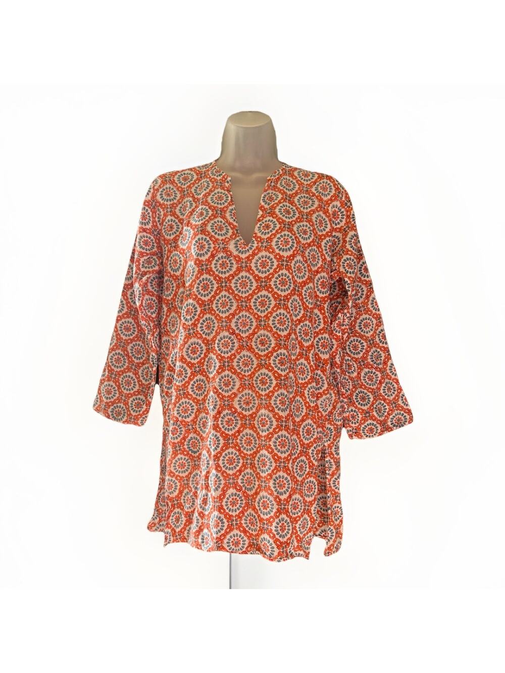 Roberta Roller Rabbit Cotton Tunic Top Size Med Orange White Kurta Boho Cover Up